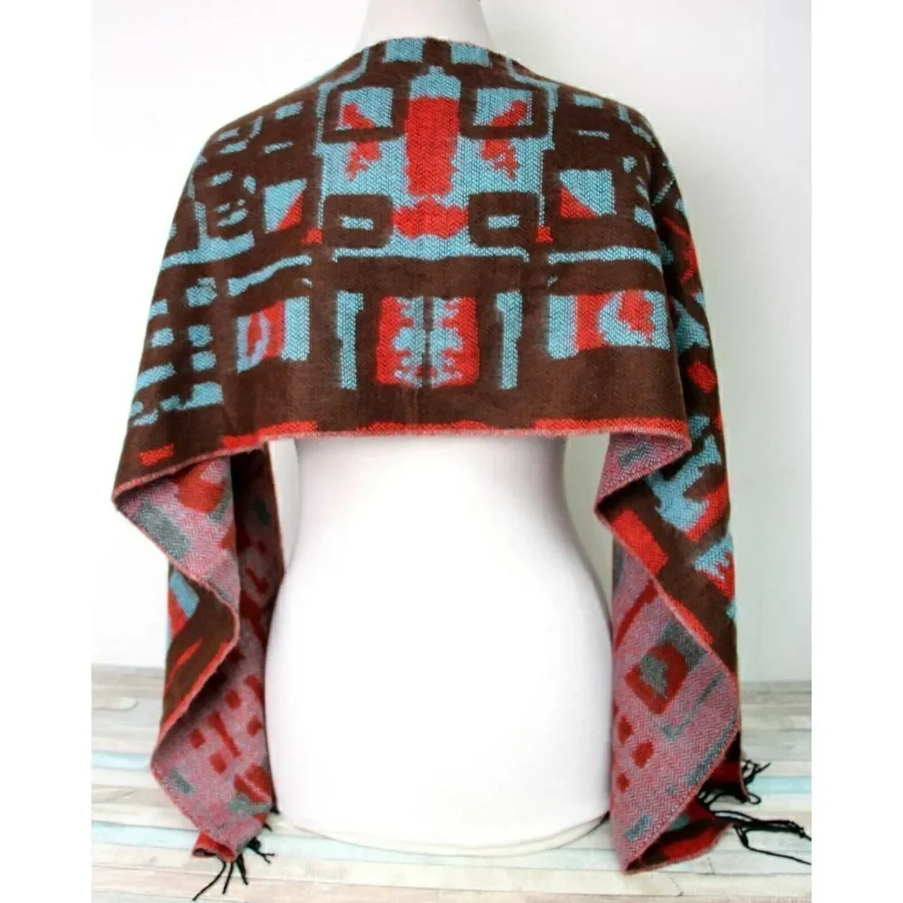 GERMANY BROWN RED BLUE 100% CASHMERE FRINGE SOFT WRAP SCARF (F38
